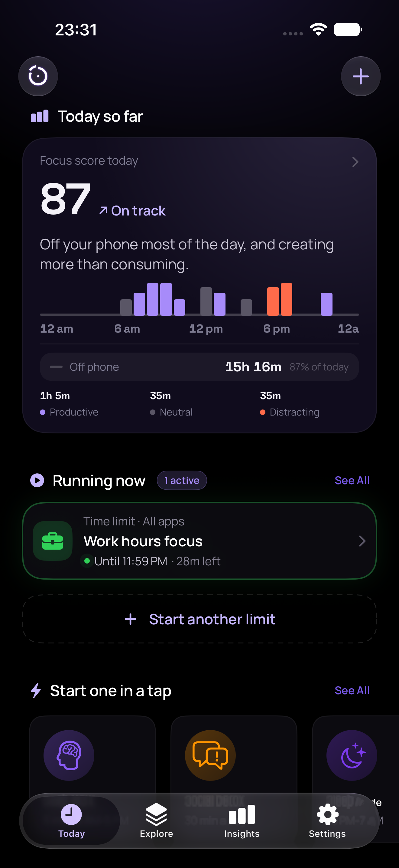 The Unlinkd Today screen, showing a Balance Score of 87 and the day's timeline